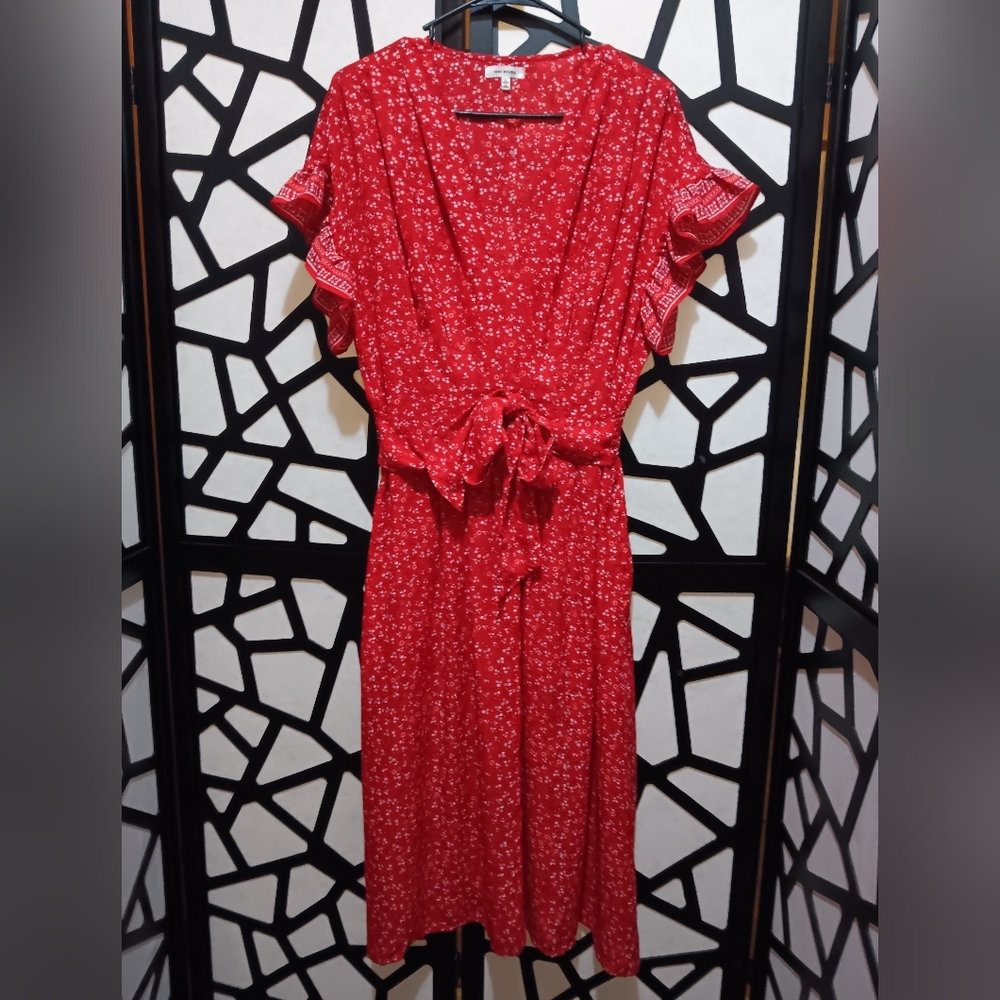 Max Studio - Floral Short Flutter Sleeve Tie Waist Midi Dress - Red/White - L